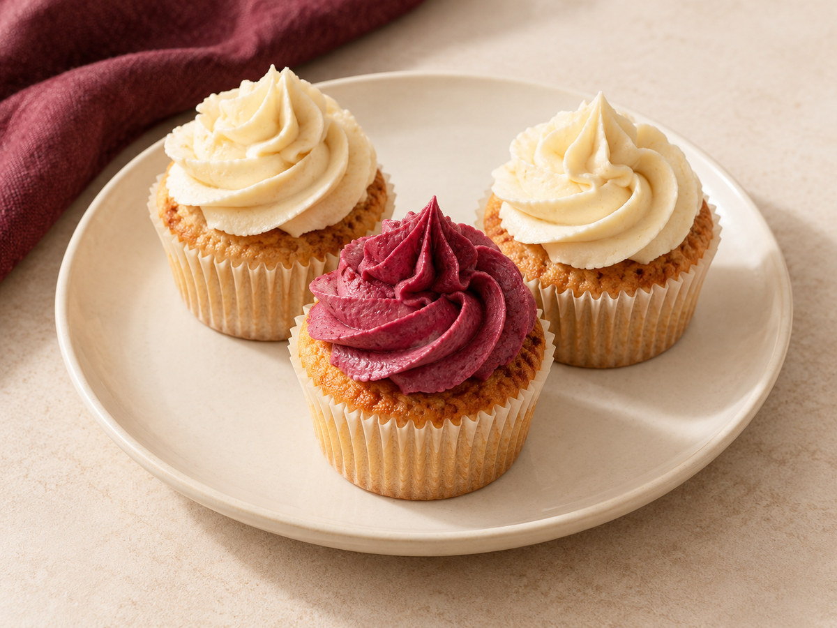 AI-generated illustration of cupcakes with cream and berry-colored frosting on an ivory plate