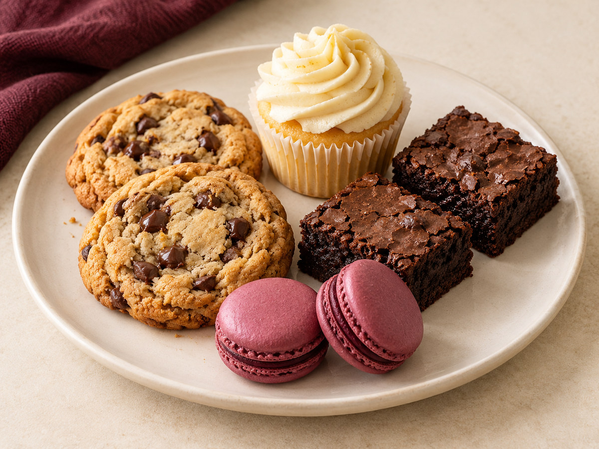 AI-generated illustration of a mixed arrangement of cookies, a cupcake, brownies, and plain berry-colored macarons on an ivory serving dish
