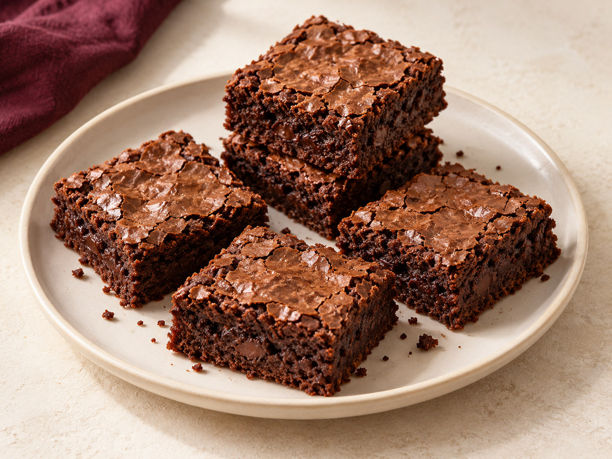 AI-generated illustration of chocolate brownies on an ivory plate