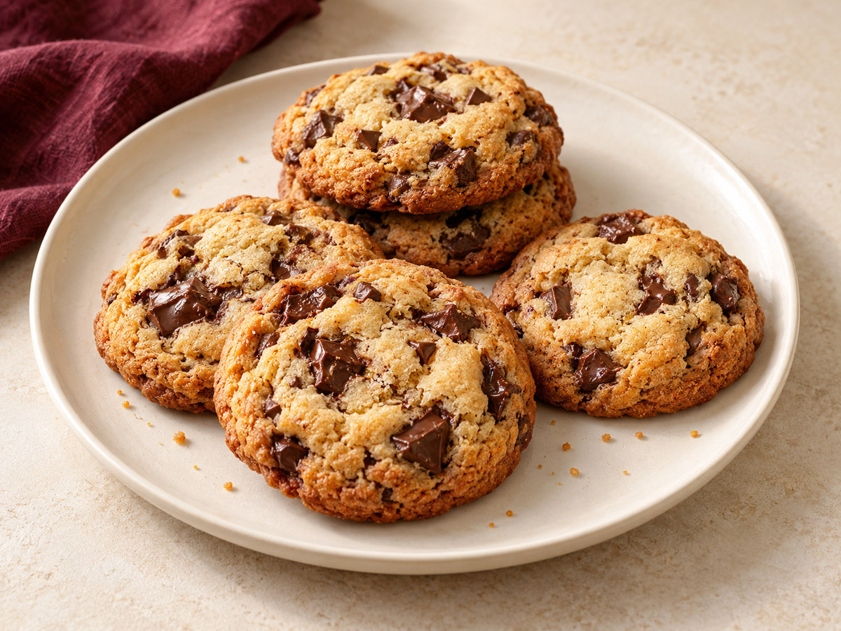 AI-generated illustration of golden chocolate-chip cookies on an ivory plate